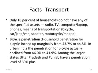 Facts- Transport
• Only 18 per cent of households do not have any of
  the specified assets — radio, TV, computer/laptop,
  phones, means of transportation (bicycle,
  car/jeep/van, scooter, motorcycle/moped).
• Bicycle penetration :Household penetration for
  bicycle inched up marginally from 43.7% to 44.8%. In
  urban India the penetration for bicycle actually
  declined from 46.0% to 41.9%. Among the larger
  states Uttar Pradesh and Punjab have a penetration
  level of 60% plus.
11/17/12                                             38
 