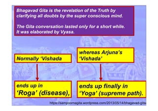 Bhagavad Gita is the revelation of the Truth by
clarifying all doubts by the super conscious mind.
The Gita conversation lasted only for a short while.
It was elaborated by Vyasa.
Normally ‘Vishada
ends up in
‘Roga’ (disease),
whereas Arjuna’s
‘Vishada’
ends up finally in
‘Yoga’ (supreme path).
https://sampoornagita.wordpress.com/2013/05/14/bhagavad-gita/
 