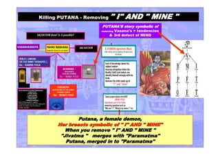 Killing PUTANA - Removing " I" AND " MINE "
Putana, a female demon,
Her breasts symbolic of " I" AND " MINE"Her breasts symbolic of " I" AND " MINE"
When you remove " I" AND " MINE "
"Jivatma " merges with "Paramatma"
Putana, merged in to "Paramatma"
PUTANA'S story symbolic of
removing Vasana's = tendencies
& 3rd defect of MIND
 