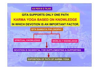AS PER B G TILAK
GITA SUPPORTS ONLY ONE PATH
KARMA YOGA BASED ON KNOWLEDGE
IN WHICH DEVOTION IS AN IMPORTANT FACTOR.
GITA SANKHYA PHILOSOPHY
SPIRITUAL KNOWLEDGE WORLDLY KNOWLEDGE
DEVOTION IS INCIDENTAL FOR SUPPLEMENTING & SUPPORTING
EXPOSITION OF PATH OF KARMA YOGA
 