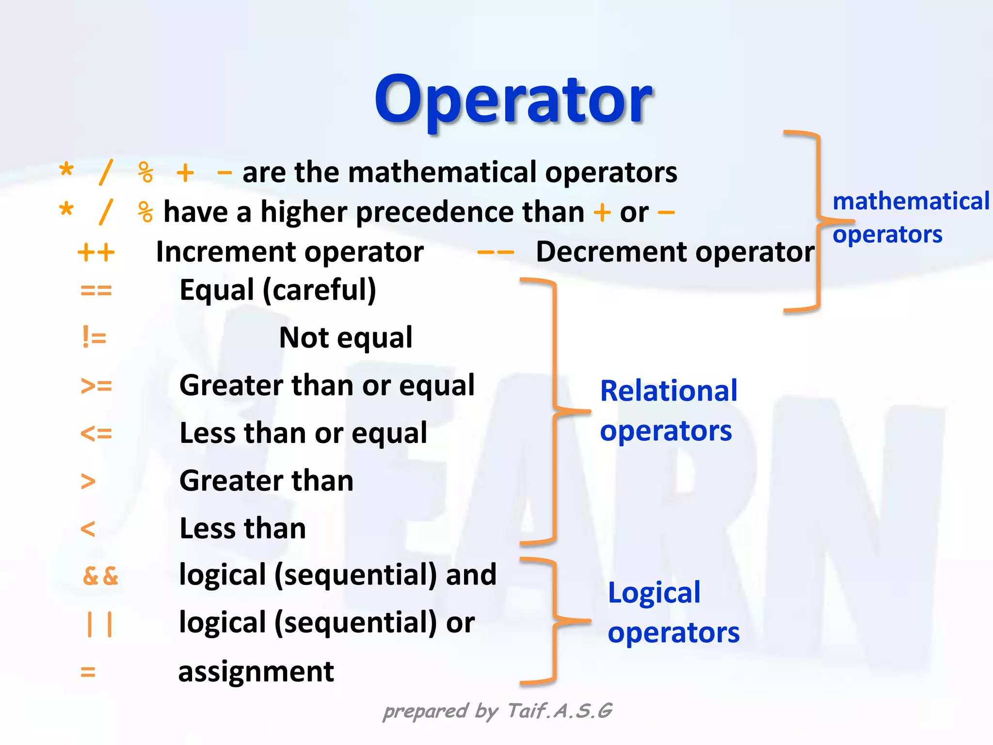Operator
* / % + - are the mathematical operators
* / % have a higher precedence than + or –           mathematical
                                                     operators
 ++ Increment operator         –– Decrement operator
 ==    Equal (careful)
 !=            Not equal
 >=    Greater than or equal          Relational
 <=    Less than or equal             operators
 >     Greater than
 <     Less than
 &&    logical (sequential) and
                                       Logical
 ||    logical (sequential) or         operators
 =     assignment
                      prepared by Taif.A.S.G
 