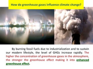 By burning fossil fuels due to industrialization and to sustain
our modern lifestyle, the level of GHGs increase rapidly. The
higher the concentration of greenhouse gases in the atmosphere,
the stronger the greenhouse effect making it into enhanced
greenhouse effect.
How do greenhouse gases influence climate change?
 