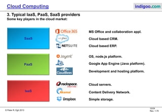 © Peter R. Egli 2013
10/24
Rev. 1.70
Cloud Computing indigoo.com
3. Typical IaaS, PaaS, SaaS providers
Some key players in the cloud market:
IaaS
PaaS
SaaS
Simple storage.
Content Delivery Network.
Cloud servers.
OS, node.js platform.
Google App Engine (Java platform).
Development and hosting platform.
MS Office and collaboration appl.
Cloud based CRM.
Cloud based ERP.
 