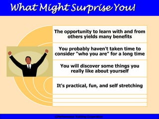What Might Surprise You!

        The opportunity to learn with and from
             others yields many benefits

          You probably haven't taken time to
        consider "who you are" for a long time

           You will discover some things you
               really like about yourself


         It's practical, fun, and self stretching




        ©Performance Training Corporation
 