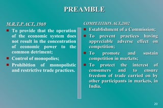 PREAMBLE M.R.T.P ACT, 1969 To provide that the operation of the economic system does not result in the concentration of economic power to the common detriment; Control of monopolies; Prohibition of monopolistic and restrictive trade practices. COMPETITION ACT,2002 Establishment of a Commission; To prevent practices having appreciable adverse effect on competition; To promote and sustain competition in markets; To protect the interest of consumers and to ensure freedom of trade carried on by other participants in markets, in India. 