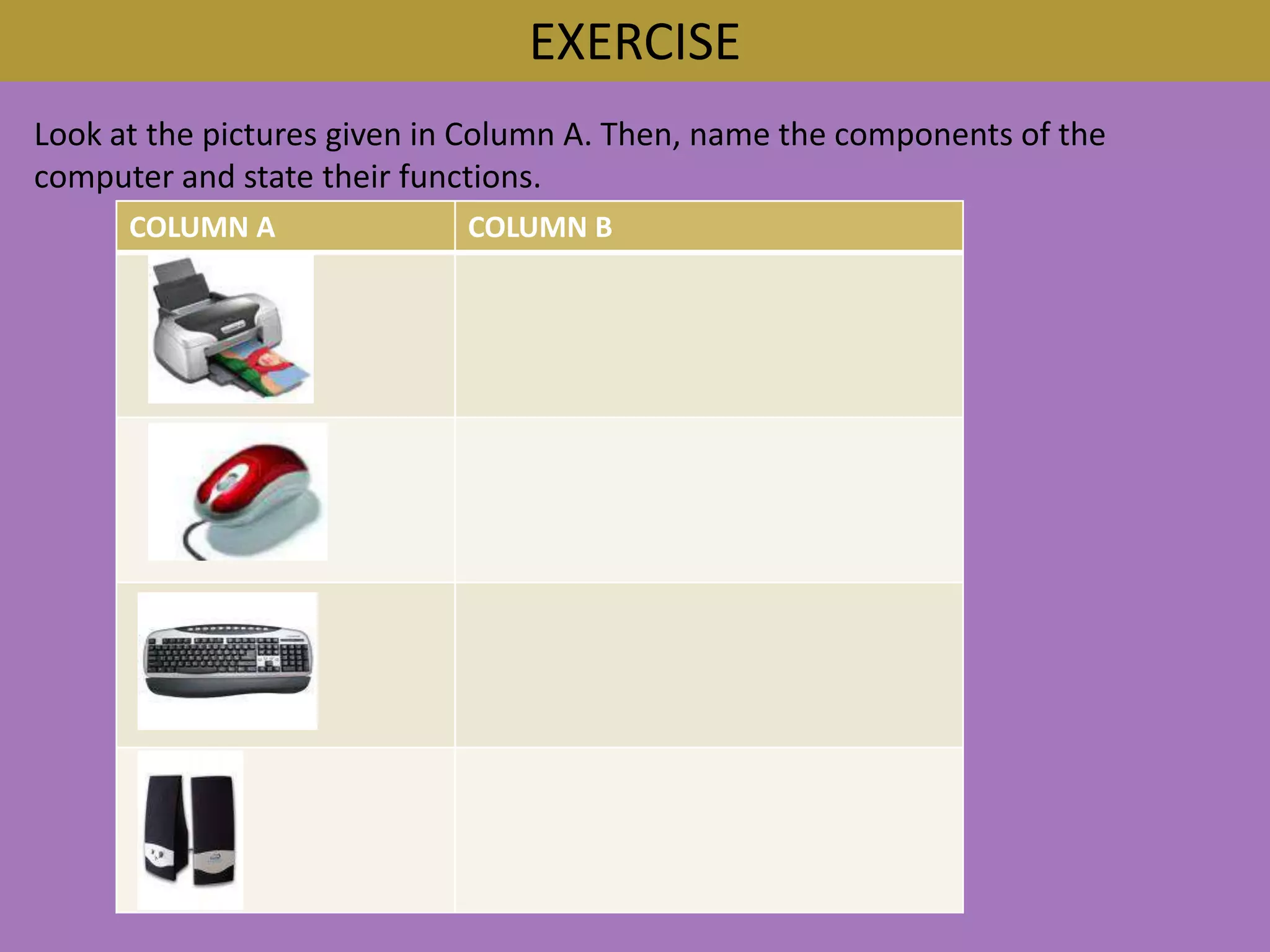 EXERCISELook at the pictures given in Column A. Then, name the components of thecomputer and state their functions.
