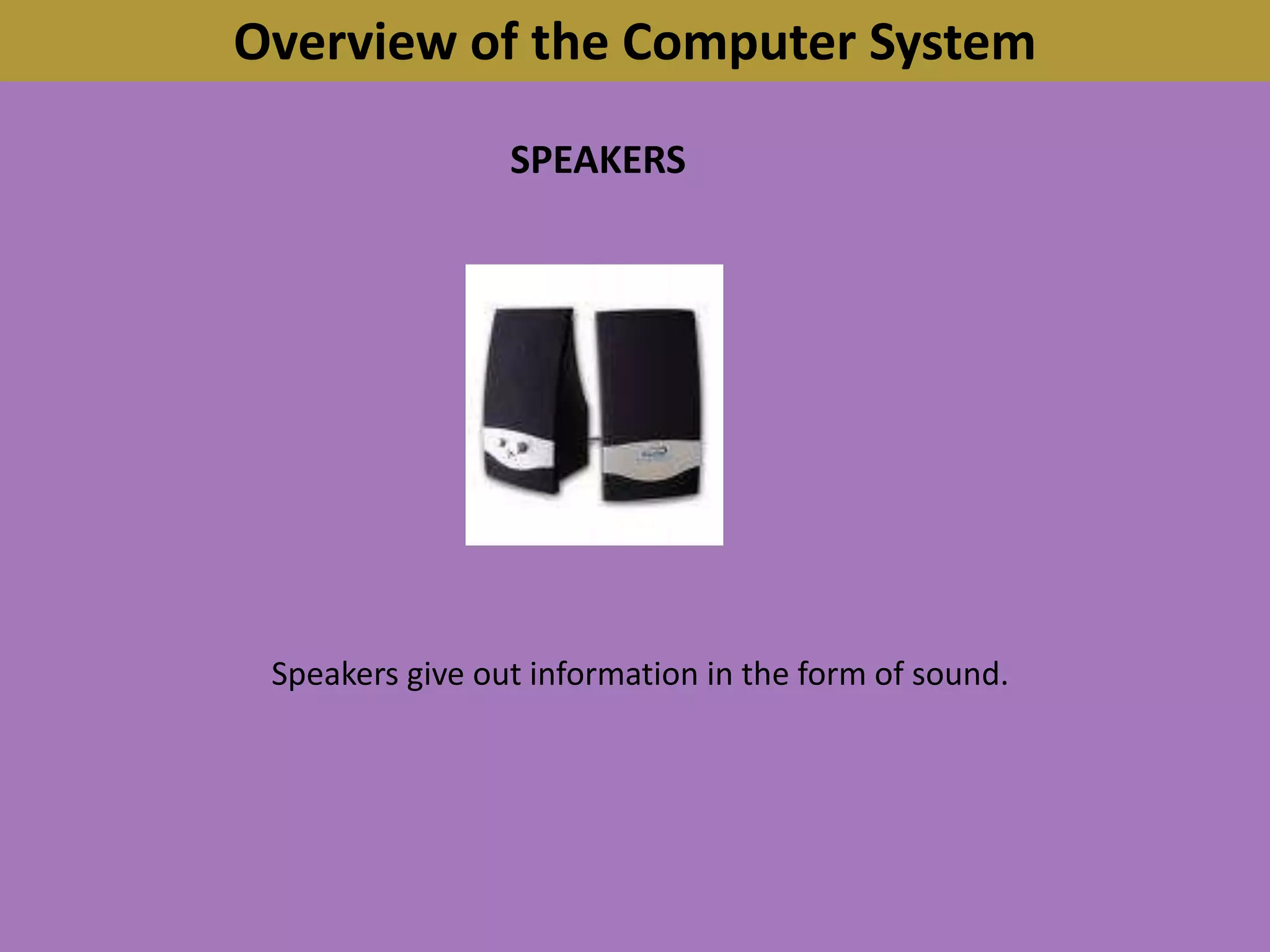 Overview of the Computer SystemSPEAKERSSpeakers give out information in the form of sound.