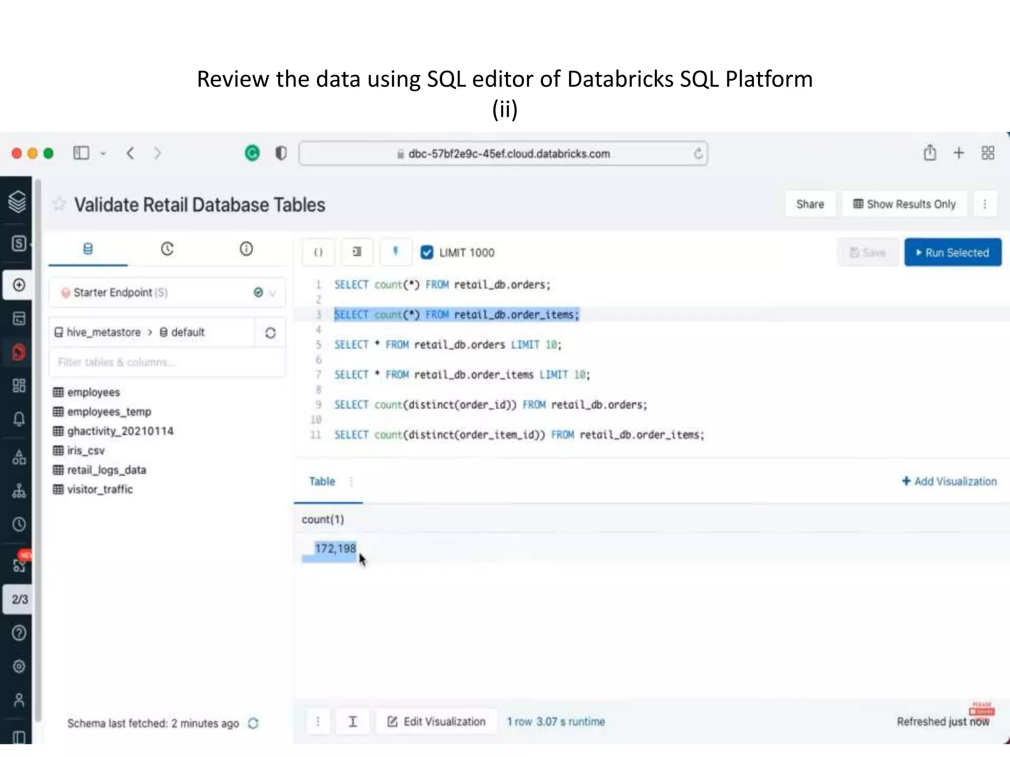 Review the data using SQL editor of Databricks SQL Platform
(ii)
 