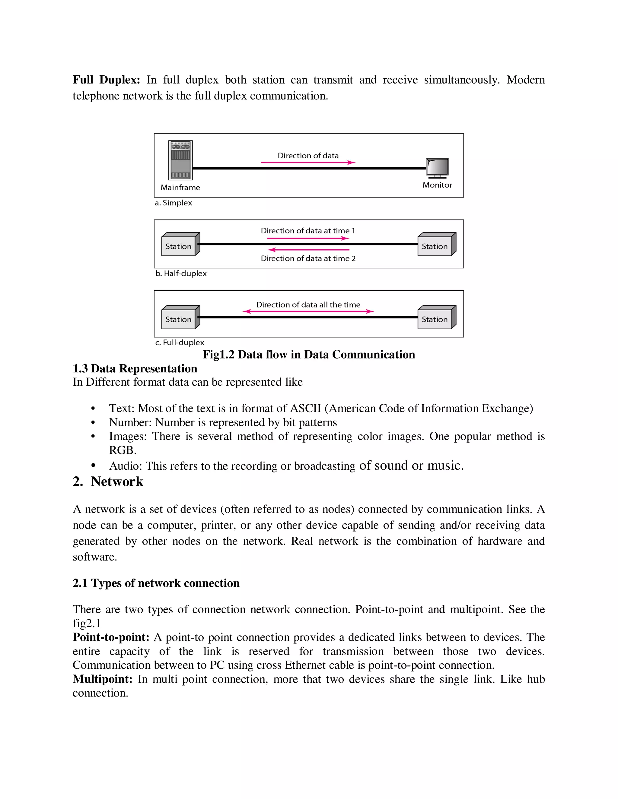 Full Duplex: In full duplex both station can transmit and receive simultaneously. Modern
telephone network is the full duplex communication.
Fig1.2 Data flow in Data Communication
1.3 Data Representation
In Different format data can be represented like
• Text: Most of the text is in format of ASCII (American Code of Information Exchange)
• Number: Number is represented by bit patterns
• Images: There is several method of representing color images. One popular method is
RGB.
• Audio: This refers to the recording or broadcasting of sound or music.
2. Network
A network is a set of devices (often referred to as nodes) connected by communication links. A
node can be a computer, printer, or any other device capable of sending and/or receiving data
generated by other nodes on the network. Real network is the combination of hardware and
software.
2.1 Types of network connection
There are two types of connection network connection. Point-to-point and multipoint. See the
fig2.1
Point-to-point: A point-to point connection provides a dedicated links between to devices. The
entire capacity of the link is reserved for transmission between those two devices.
Communication between to PC using cross Ethernet cable is point-to-point connection.
Multipoint: In multi point connection, more that two devices share the single link. Like hub
connection.
 