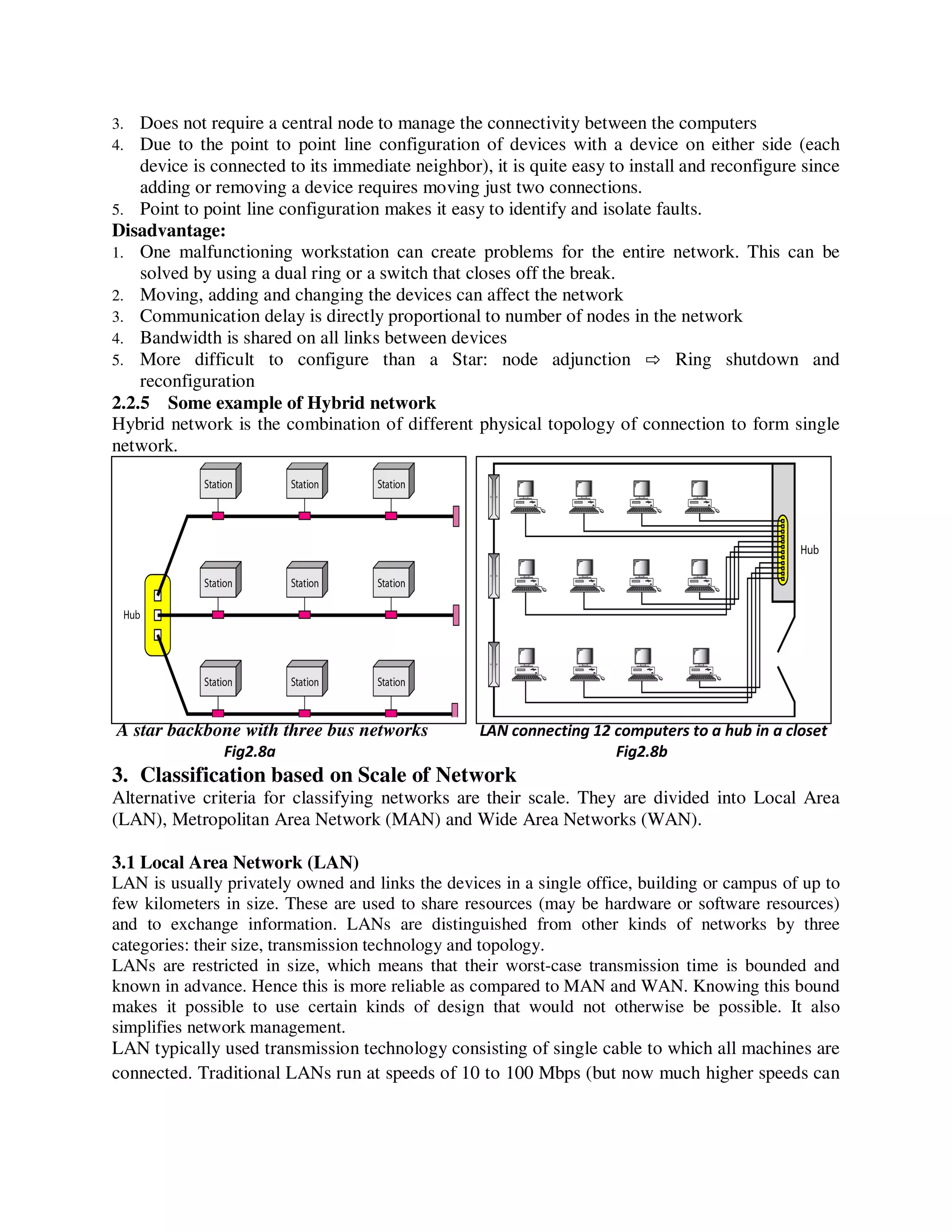 3. Does not require a central node to manage the connectivity between the computers
4. Due to the point to point line configuration of devices with a device on either side (each
device is connected to its immediate neighbor), it is quite easy to install and reconfigure since
adding or removing a device requires moving just two connections.
5. Point to point line configuration makes it easy to identify and isolate faults.
Disadvantage:
1. One malfunctioning workstation can create problems for the entire network. This can be
solved by using a dual ring or a switch that closes off the break.
2. Moving, adding and changing the devices can affect the network
3. Communication delay is directly proportional to number of nodes in the network
4. Bandwidth is shared on all links between devices
5. More difficult to configure than a Star: node adjunction ⇨ Ring shutdown and
reconfiguration
2.2.5 Some example of Hybrid network
Hybrid network is the combination of different physical topology of connection to form single
network.
A star backbone with three bus networks LAN connecting 12 computers to a hub in a closet
Fig2.8a Fig2.8b
3. Classification based on Scale of Network
Alternative criteria for classifying networks are their scale. They are divided into Local Area
(LAN), Metropolitan Area Network (MAN) and Wide Area Networks (WAN).
3.1 Local Area Network (LAN)
LAN is usually privately owned and links the devices in a single office, building or campus of up to
few kilometers in size. These are used to share resources (may be hardware or software resources)
and to exchange information. LANs are distinguished from other kinds of networks by three
categories: their size, transmission technology and topology.
LANs are restricted in size, which means that their worst-case transmission time is bounded and
known in advance. Hence this is more reliable as compared to MAN and WAN. Knowing this bound
makes it possible to use certain kinds of design that would not otherwise be possible. It also
simplifies network management.
LAN typically used transmission technology consisting of single cable to which all machines are
connected. Traditional LANs run at speeds of 10 to 100 Mbps (but now much higher speeds can
 