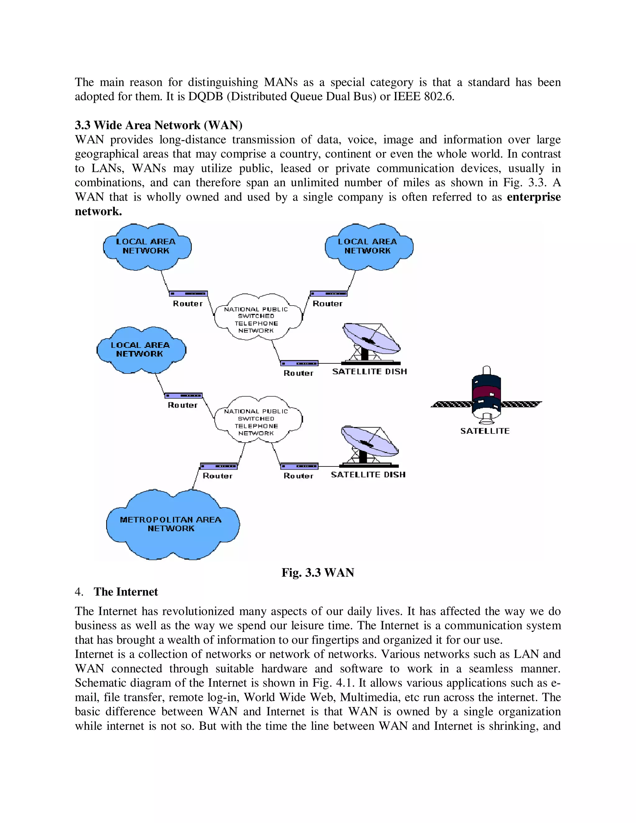 The main reason for distinguishing MANs as a special category is that a standard has been
adopted for them. It is DQDB (Distributed Queue Dual Bus) or IEEE 802.6.
3.3 Wide Area Network (WAN)
WAN provides long-distance transmission of data, voice, image and information over large
geographical areas that may comprise a country, continent or even the whole world. In contrast
to LANs, WANs may utilize public, leased or private communication devices, usually in
combinations, and can therefore span an unlimited number of miles as shown in Fig. 3.3. A
WAN that is wholly owned and used by a single company is often referred to as enterprise
network.
Fig. 3.3 WAN
4. The Internet
The Internet has revolutionized many aspects of our daily lives. It has affected the way we do
business as well as the way we spend our leisure time. The Internet is a communication system
that has brought a wealth of information to our fingertips and organized it for our use.
Internet is a collection of networks or network of networks. Various networks such as LAN and
WAN connected through suitable hardware and software to work in a seamless manner.
Schematic diagram of the Internet is shown in Fig. 4.1. It allows various applications such as e-
mail, file transfer, remote log-in, World Wide Web, Multimedia, etc run across the internet. The
basic difference between WAN and Internet is that WAN is owned by a single organization
while internet is not so. But with the time the line between WAN and Internet is shrinking, and
 