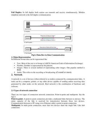 Full Duplex: In full duplex both station can transmit and receive simultaneously. Modern
telephone network is the full duplex communication.
Fig1.2 Data flow in Data Communication
1.3 Data Representation
In Different format data can be represented like
• Text: Most of the text is in format of ASCII (American Code of Information Exchange)
• Number: Number is represented by bit patterns
• Images: There is several method of representing color images. One popular method is
RGB.
• Audio: This refers to the recording or broadcasting of sound or music.
2. Network
A network is a set of devices (often referred to as nodes) connected by communication links. A
node can be a computer, printer, or any other device capable of sending and/or receiving data
generated by other nodes on the network. Real network is the combination of hardware and
software.
2.1 Types of network connection
There are two types of connection network connection. Point-to-point and multipoint. See the
fig2.1
Point-to-point: A point-to point connection provides a dedicated links between to devices. The
entire capacity of the link is reserved for transmission between those two devices.
Communication between to PC using cross Ethernet cable is point-to-point connection.
Multipoint: In multi point connection, more that two devices share the single link. Like hub
connection.
 