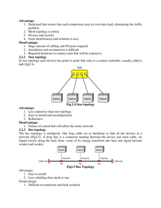 Advantage:
1. Dedicated link ensure that each connection carry its own data load, eliminating the traffic
problem.
2. Mesh topology is robust
3. Privacy and security
4. Fault identification and isolation is easy
Disadvantage:
1. Huge amount of cabling and I/O ports required.
2. Installation and reconnection is difficult
3. Required hardware to connect each link will be expensive.
2.2.2 Star topology
In star topology each devices has point to point link only to a central controller, usually called a
hub (fig2.4).
Fig.2.4 Star topology
Advantage:
1. Less expensive than star topology
2. Easy to install and reconfiguration
3. Robustness
Disadvantage:
1. Failure of central hub will affect the entire network
2.2.3 Bus topology
The bus topology is multipoint. One long cable act as backbone to link all the devices in a
network (Fig2.5). A drop line is a connector running between the device and main cable. As
Signal travels along the back bone, some of its energy transform into heat and signal become
weaker and weaker.
Fig2.5 Bus Topology
Advantage:
1. Ease to install
2. Less caballing than mesh or star.
Disadvantage:
1. Difficult reconnection and fault isolation
 