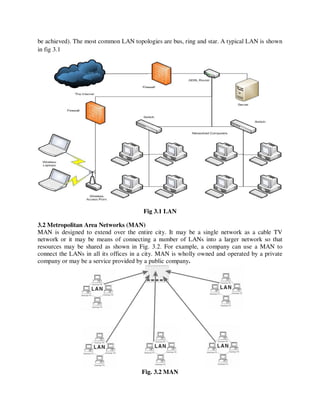 be achieved). The most common LAN topologies are bus, ring and star. A typical LAN is shown
in fig 3.1
Fig 3.1 LAN
3.2 Metropolitan Area Networks (MAN)
MAN is designed to extend over the entire city. It may be a single network as a cable TV
network or it may be means of connecting a number of LANs into a larger network so that
resources may be shared as shown in Fig. 3.2. For example, a company can use a MAN to
connect the LANs in all its offices in a city. MAN is wholly owned and operated by a private
company or may be a service provided by a public company.
Fig. 3.2 MAN
 