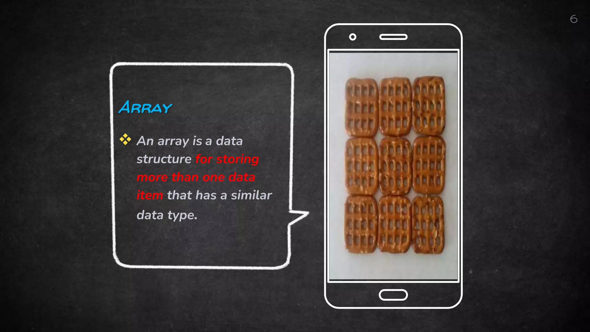 Array
 An array is a data
structure for storing
more than one data
item that has a similar
data type.
6
 