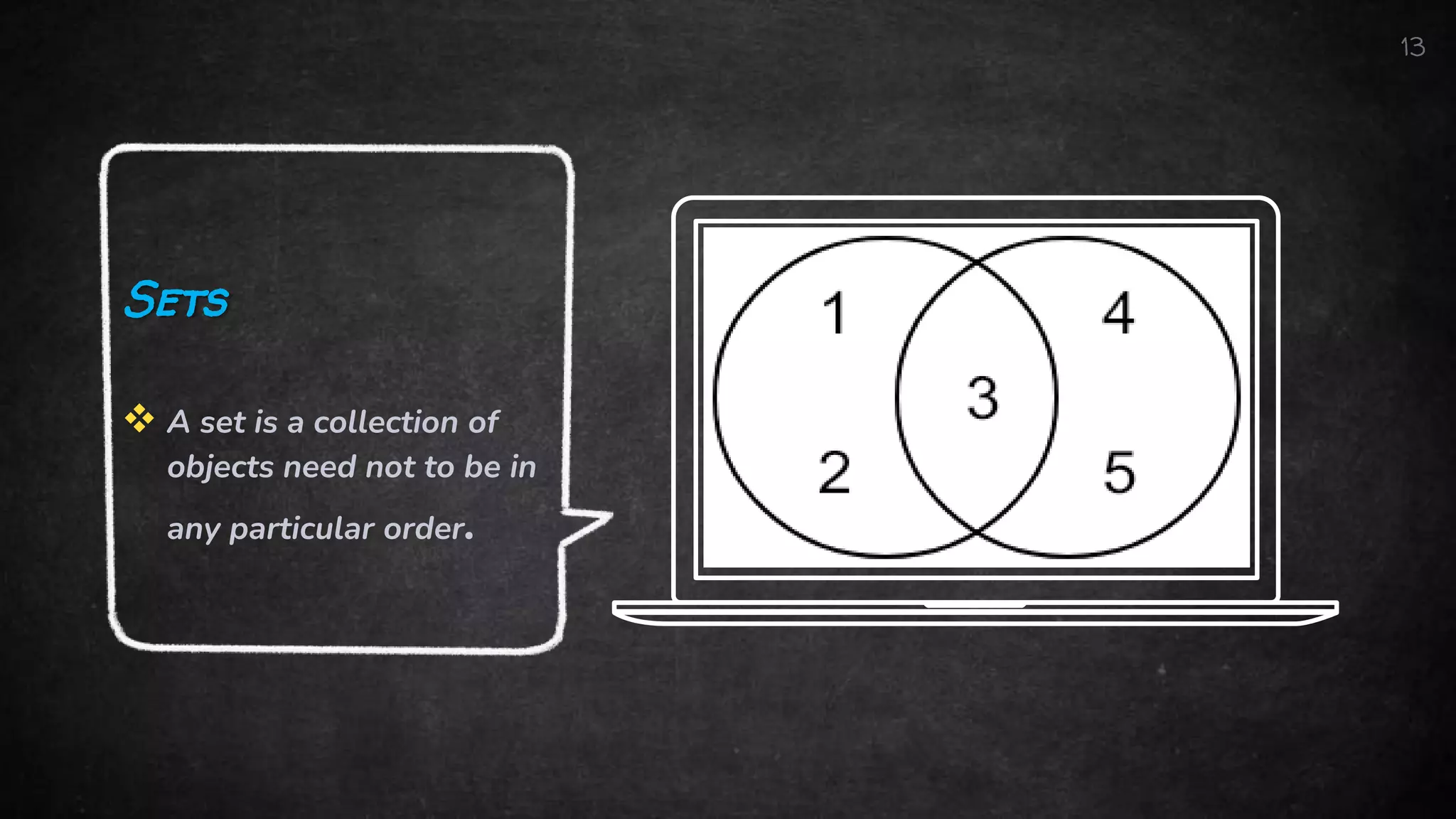 13
Sets
 A set is a collection of
objects need not to be in
any particular order.
 