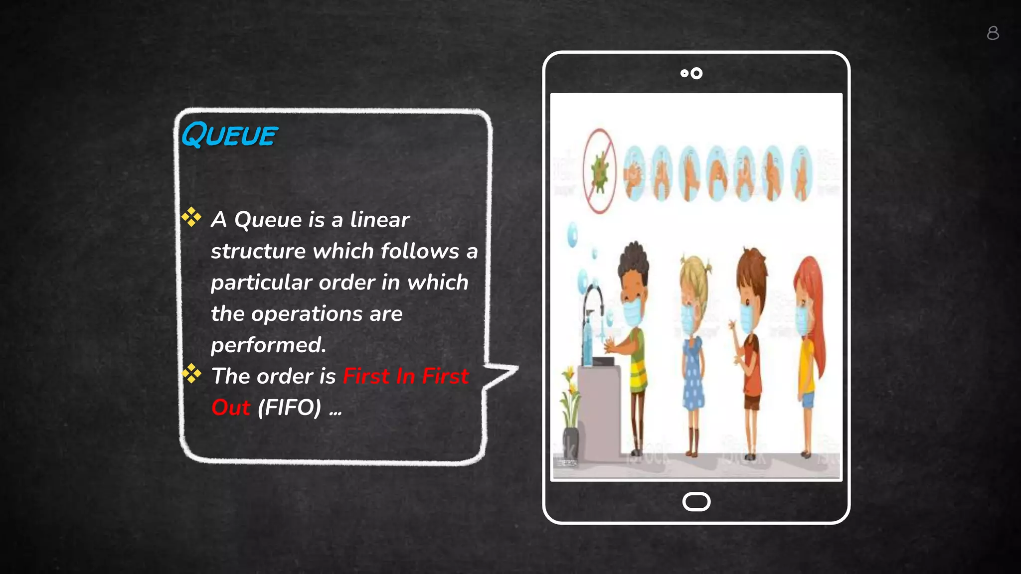 8
Queue
 A Queue is a linear
structure which follows a
particular order in which
the operations are
performed.
 The order is First In First
Out (FIFO) ...
 