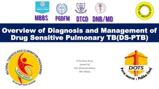 Overview of Diagnosis and Management of
Drug Sensitive Pulmonary TB(DS-PTB)
Dr Ravi Kumar Sharma
Assistant Prof.
Dept. of Respiratory Medicine
GMC Haldwani
 