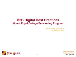 B2B Digital Best Practices Mount Royal College Emarketing Program Presented by: Sandor Kiss November 6, 2009 