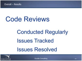 Overall – Results




 Code Reviews
            Conducted Regularly
            Issues Tracked
            Issues Resolved...