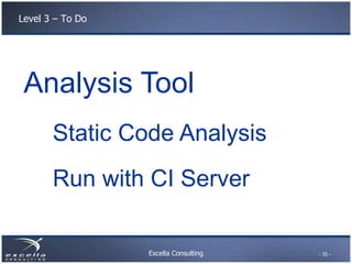 Excella Consulting
Level 3 – To Do
Analysis Tool
Static Code Analysis
Run with CI Server
- 35 -
 
