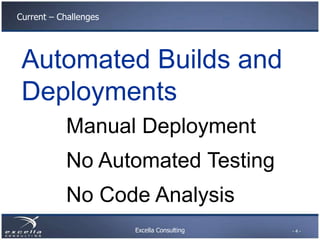 Excella Consulting
Current – Challenges
Automated Builds and
Deployments
Manual Deployment
No Automated Testing
No Code Analysis
- 4 -
 