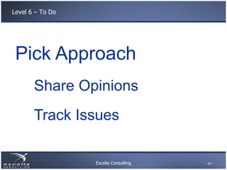 Excella Consulting
Level 6 – To Do
Pick Approach
Share Opinions
Track Issues
- 67 -
 