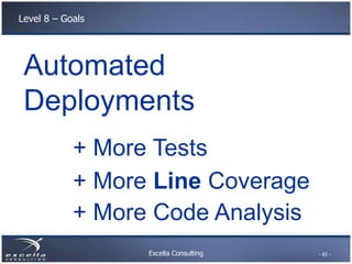 Excella Consulting
Level 8 – Goals
Automated
Deployments
+ More Tests
+ More Line Coverage
+ More Code Analysis
- 82 -
 