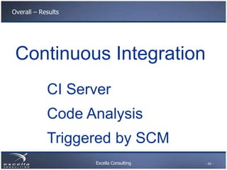 Excella Consulting
Overall – Results
Continuous Integration
CI Server
Code Analysis
Triggered by SCM
- 92 -
 