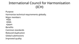International Council for Harmonisation
(ICH)
Purpose
Harmonize technical requirements globally.
Major members
•FDA
•EMA
•Japan
Benefits
Common standards
Reduced duplication
Global submissions
Improved quality
 
