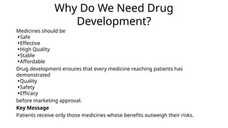 Why Do We Need Drug
Development?
Medicines should be
•Safe
•Effective
•High Quality
•Stable
•Affordable
Drug development ensures that every medicine reaching patients has
demonstrated
•Quality
•Safety
•Efficacy
before marketing approval.
Key Message
Patients receive only those medicines whose benefits outweigh their risks.
 