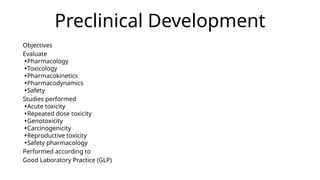 Preclinical Development
Objectives
Evaluate
•Pharmacology
•Toxicology
•Pharmacokinetics
•Pharmacodynamics
•Safety
Studies performed
•Acute toxicity
•Repeated dose toxicity
•Genotoxicity
•Carcinogenicity
•Reproductive toxicity
•Safety pharmacology
Performed according to
Good Laboratory Practice (GLP)
 