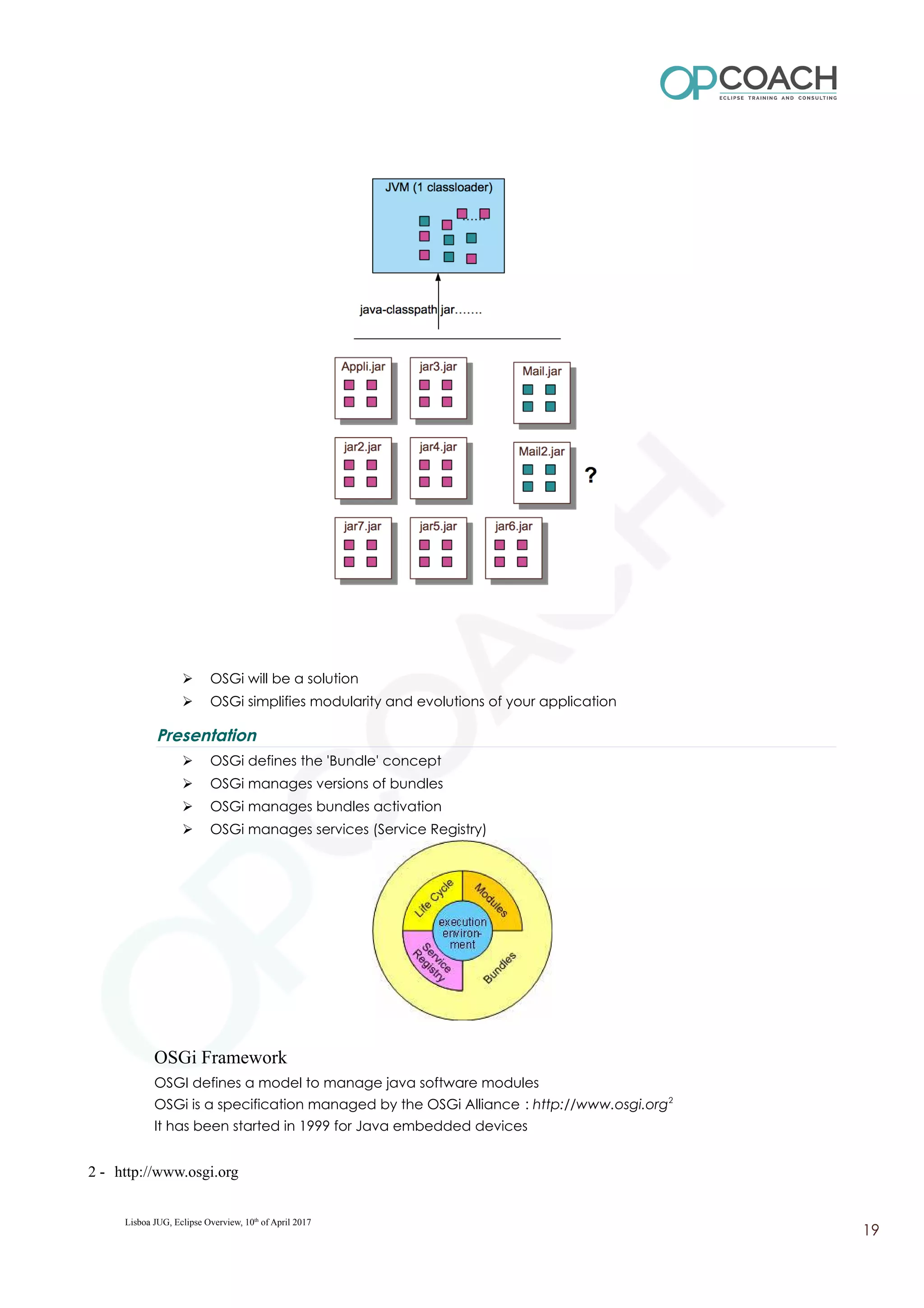 ➢ OSGi will be a solution
➢ OSGi simplifies modularity and evolutions of your application
Presentation
➢ OSGi defines the 'Bundle' concept
➢ OSGi manages versions of bundles
➢ OSGi manages bundles activation
➢ OSGi manages services (Service Registry)
OSGi Framework
OSGI defines a model to manage java software modules
OSGi is a specification managed by the OSGi Alliance : http://www.osgi.org2
It has been started in 1999 for Java embedded devices
2 - http://www.osgi.org
Lisboa JUG, Eclipse Overview, 10th
of April 2017
19
 