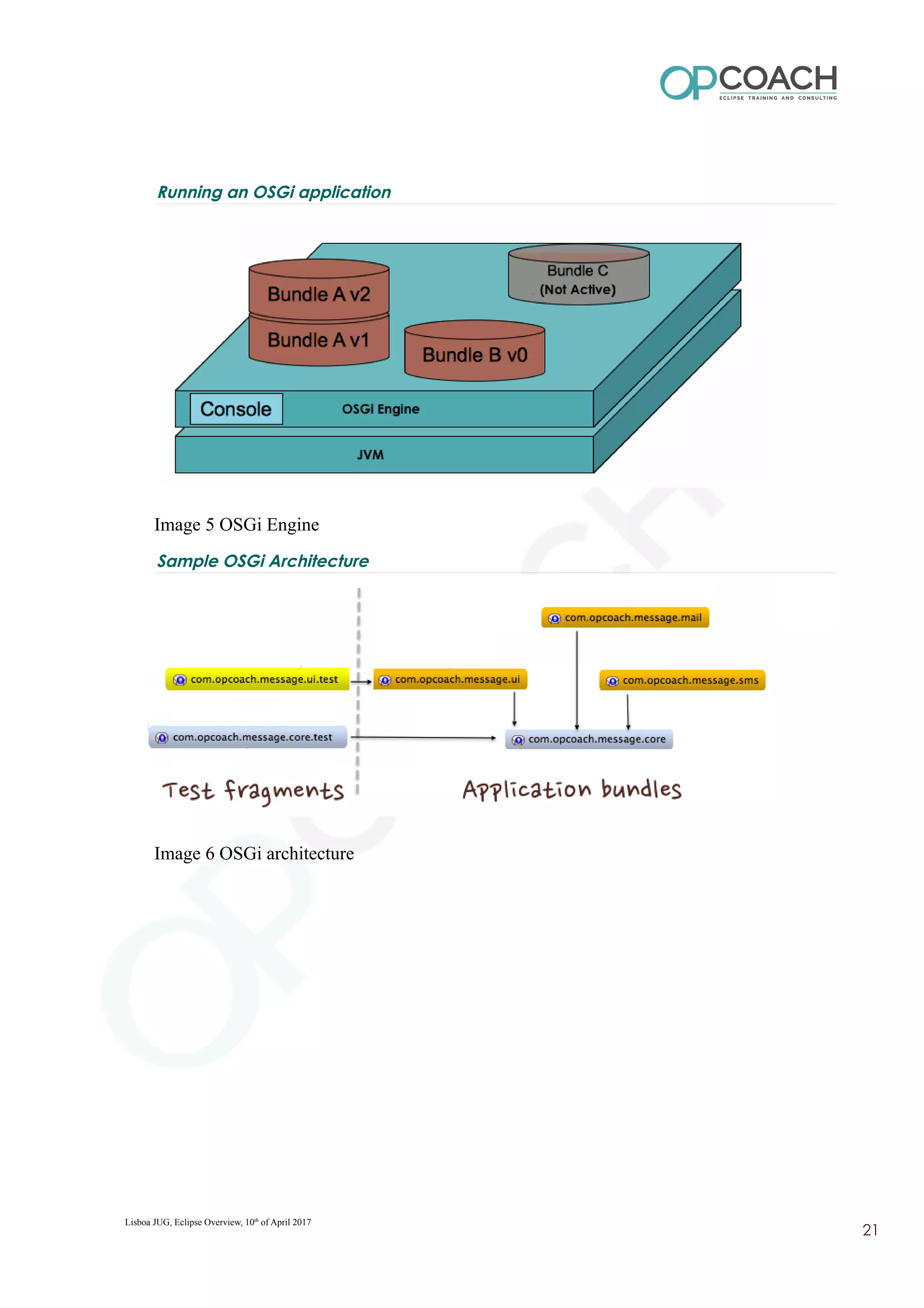Running an OSGi application
Image 5 OSGi Engine
Sample OSGi Architecture
Image 6 OSGi architecture
Lisboa JUG, Eclipse Overview, 10th
of April 2017
21
 