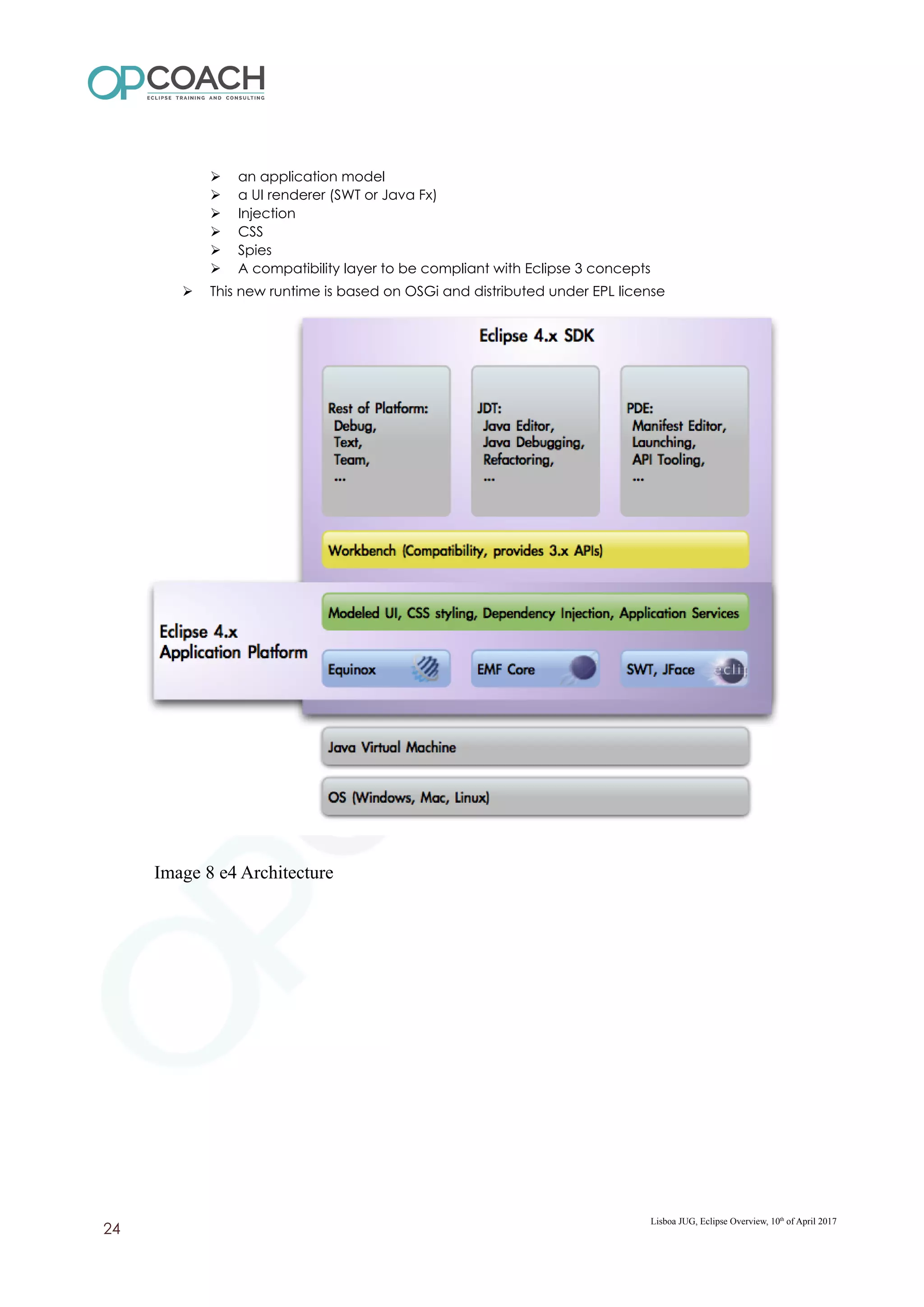 ➢ an application model
➢ a UI renderer (SWT or Java Fx)
➢ Injection
➢ CSS
➢ Spies
➢ A compatibility layer to be compliant with Eclipse 3 concepts
➢ This new runtime is based on OSGi and distributed under EPL license
Image 8 e4 Architecture
Lisboa JUG, Eclipse Overview, 10th
of April 2017
24
 