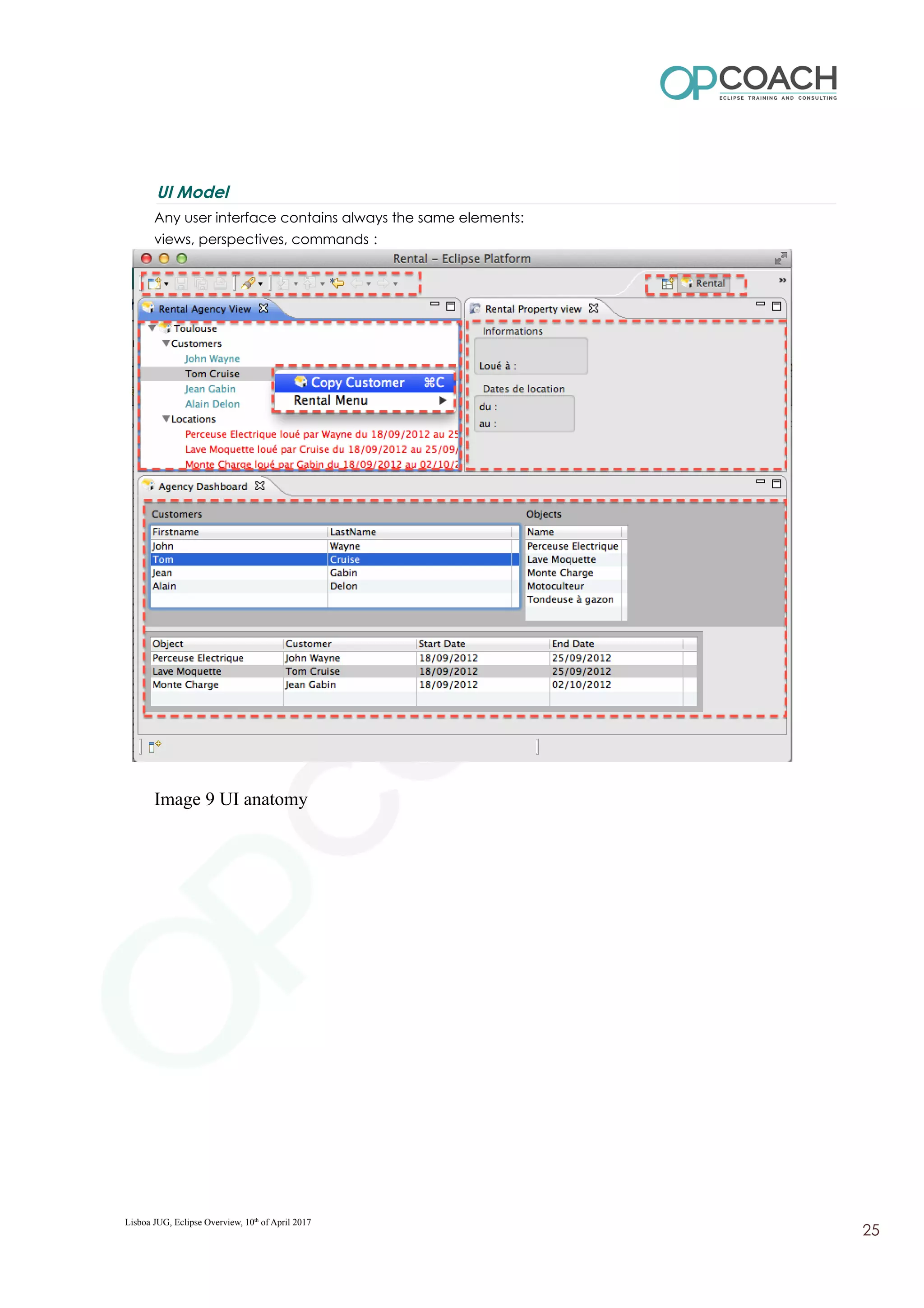 UI Model
Any user interface contains always the same elements:
views, perspectives, commands :
Image 9 UI anatomy
Lisboa JUG, Eclipse Overview, 10th
of April 2017
25
 