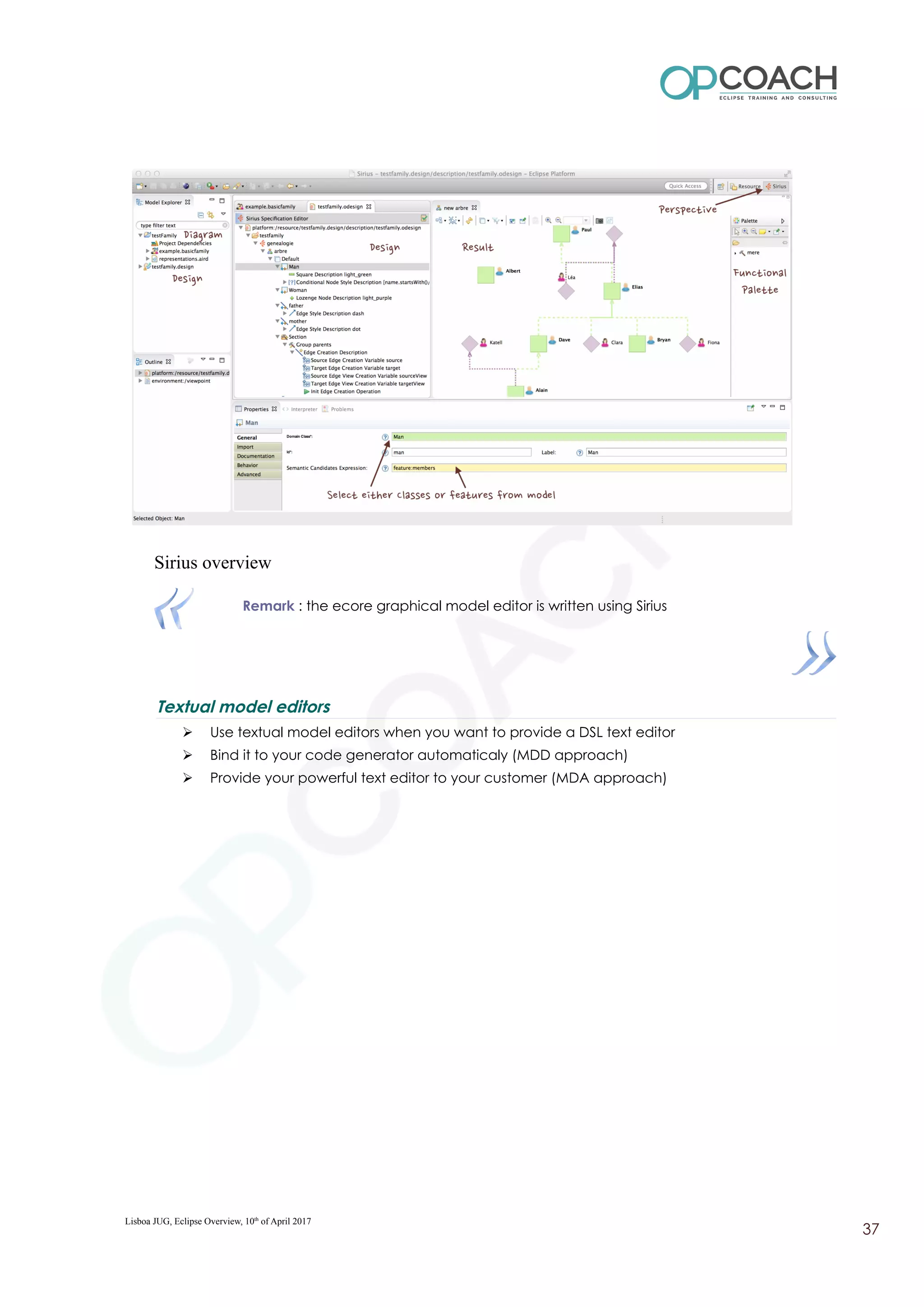 Sirius overview
Remark : the ecore graphical model editor is written using Sirius
Textual model editors
➢ Use textual model editors when you want to provide a DSL text editor
➢ Bind it to your code generator automaticaly (MDD approach)
➢ Provide your powerful text editor to your customer (MDA approach)
Lisboa JUG, Eclipse Overview, 10th
of April 2017
37
 