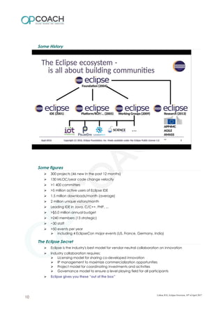 Some History
Some figures
➢ 300 projects (46 new in the past 12 months)
➢ 130 MLOC/year code change velocity
➢ >1 400 committers
➢ >5 million active users of Eclipse IDE
➢ 1.5 million downloads/month (average)
➢ 2 million unique visitors/month
➢ Leading IDE in Java, C/C++, PHP, ...
➢ >$5.0 million annual budget
➢ >240 members (13 strategic)
➢ ~30 staff
➢ >50 events per year
➢ including 4 EclipseCon major events (US, France, Germany, India)
The Eclipse Secret
➢ Eclipse is the industry's best model for vendor-neutral collaboration on innovation
➢ Industry collaboration requires:
➢ Licensing model for sharing co-developed innovation
➢ IP management to maximize commercialization opportunities
➢ Project model for coordinating investments and activities
➢ Governance model to ensure a level playing field for all participants
➢ Eclipse gives you these “out of the box”
Lisboa JUG, Eclipse Overview, 10th
of April 2017
10
 