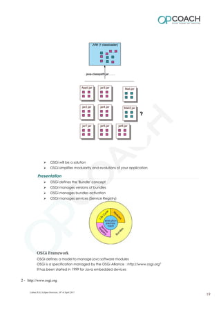 ➢ OSGi will be a solution
➢ OSGi simplifies modularity and evolutions of your application
Presentation
➢ OSGi defines the 'Bundle' concept
➢ OSGi manages versions of bundles
➢ OSGi manages bundles activation
➢ OSGi manages services (Service Registry)
OSGi Framework
OSGI defines a model to manage java software modules
OSGi is a specification managed by the OSGi Alliance : http://www.osgi.org2
It has been started in 1999 for Java embedded devices
2 - http://www.osgi.org
Lisboa JUG, Eclipse Overview, 10th
of April 2017
19
 