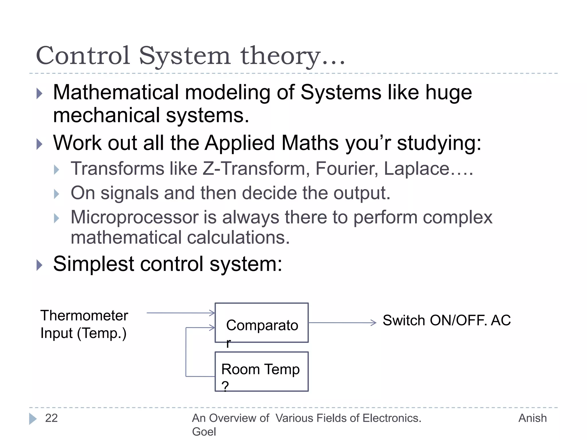 Computer Networks.19If you have many computers why   not hook them together?What’s the use of that?Data transfer between them.Bluetooth.LAN.Wireless sensor networks.Improve efficiency. Single task performed by more then   one computer.Parallel processing.Cluster computingGrid Computing.An Overview of  Various Fields of Electronics.                               Anish Goel