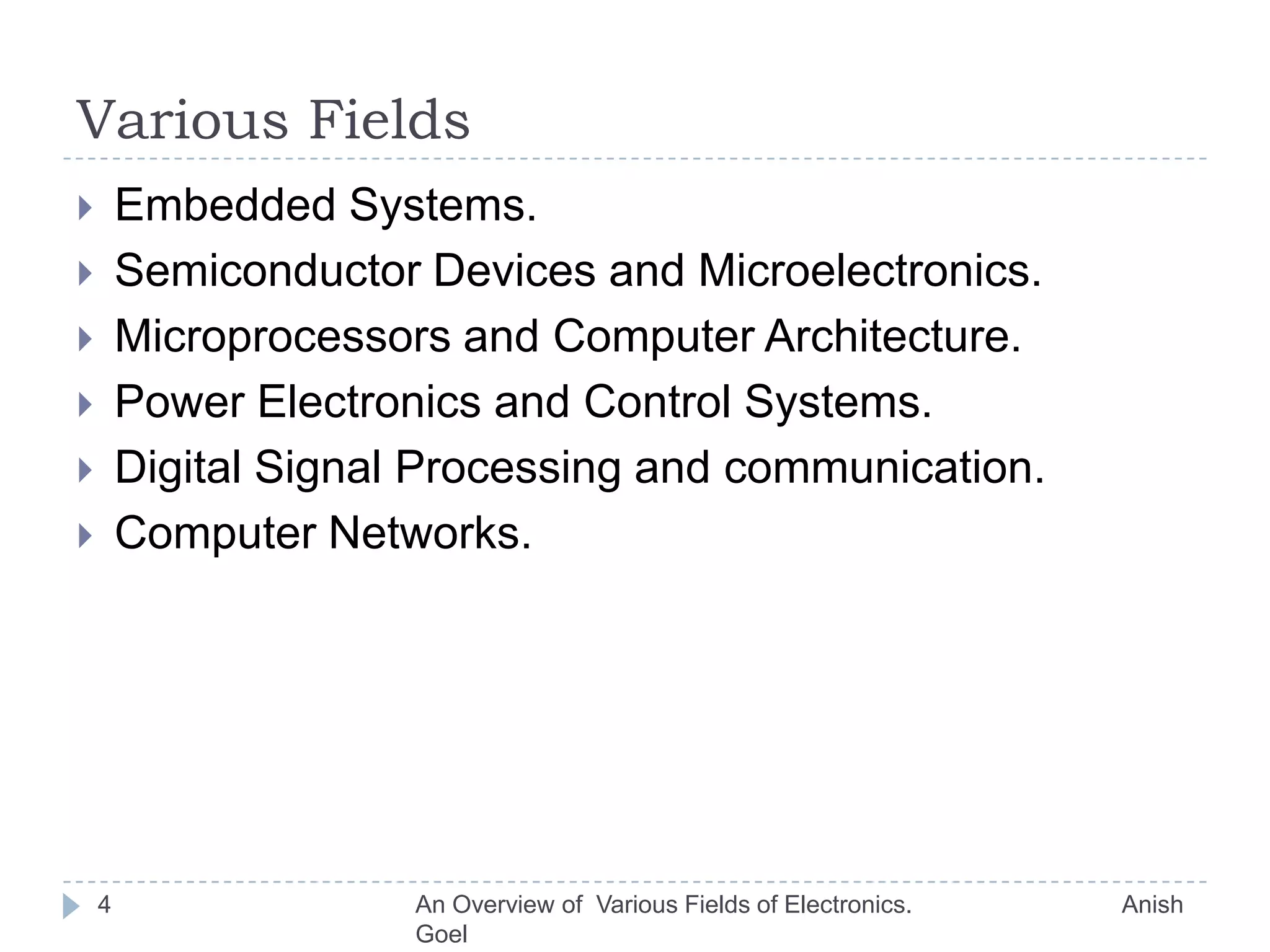 Various FieldsEmbedded Systems.Semiconductor Devices and Microelectronics.Microprocessors and Computer Architecture.Power Electronics and Control Systems.Digital Signal Processing and communication.Computer Networks.4An Overview of  Various Fields of Electronics.                               Anish Goel