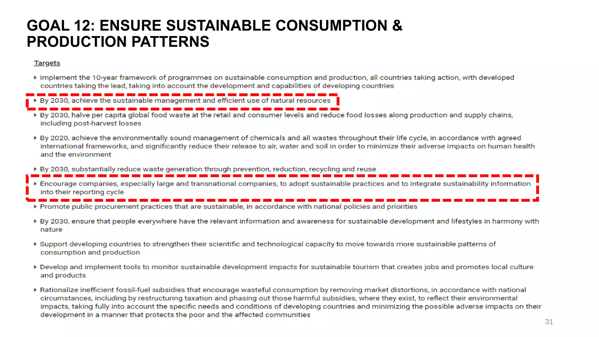 GOAL 12: ENSURE SUSTAINABLE CONSUMPTION &
PRODUCTION PATTERNS
31
 