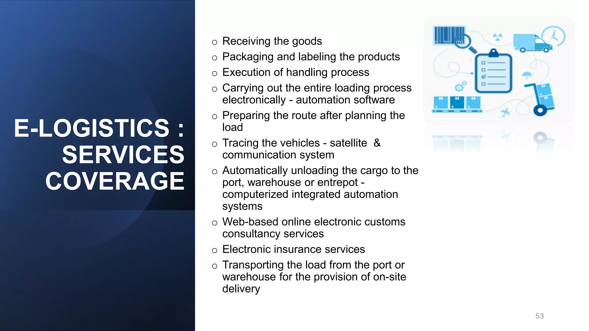 E-LOGISTICS :
SERVICES
COVERAGE
o Receiving the goods
o Packaging and labeling the products
o Execution of handling process
o Carrying out the entire loading process
electronically - automation software
o Preparing the route after planning the
load
o Tracing the vehicles - satellite &
communication system
o Automatically unloading the cargo to the
port, warehouse or entrepot -
computerized integrated automation
systems
o Web-based online electronic customs
consultancy services
o Electronic insurance services
o Transporting the load from the port or
warehouse for the provision of on-site
delivery
53
 
