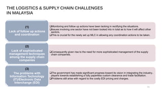 ❑Monitoring and follow up actions have been lacking in rectifying the situations.
❑Issues involving one sector have not been looked into in total as to how it will affect other
sectors.
❑This is crucial for the newly set up MLC in allowing any coordination actions to be taken.
(1)
Lack of follow up actions
and coordination
❑Consequently given rise to the need for more sophisticated management of the supply
chain companies.
(2)
Lack of sophisticated
management techniques
among the supply chain
companies
❑The government has made significant progress toward its vision in integrating the industry..
players towards establishing a fully paperless custom clearance and trade facilitation.
❑Problems still arise with regard to the costly EDI pricing and charges.
(3)
The problems with
Information Technology
(IT)/Electronic Data
Interchange (EDI)
THE LOGISTICS & SUPPLY CHAIN CHALLENGES
IN MALAYSIA
21
 