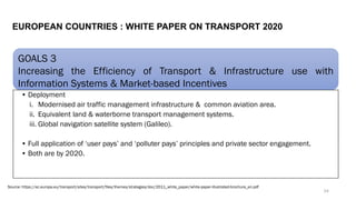 GOALS 3
Increasing the Efficiency of Transport & Infrastructure use with
Information Systems & Market-based Incentives
• Deployment
i. Modernised air traffic management infrastructure & common aviation area.
ii. Equivalent land & waterborne transport management systems.
iii. Global navigation satellite system (Galileo).
• Full application of ‘user pays’ and ‘polluter pays’ principles and private sector engagement.
• Both are by 2020.
Source: https://ec.europa.eu/transport/sites/transport/files/themes/strategies/doc/2011_white_paper/white-paper-illustrated-brochure_en.pdf
EUROPEAN COUNTRIES : WHITE PAPER ON TRANSPORT 2020
34
 
