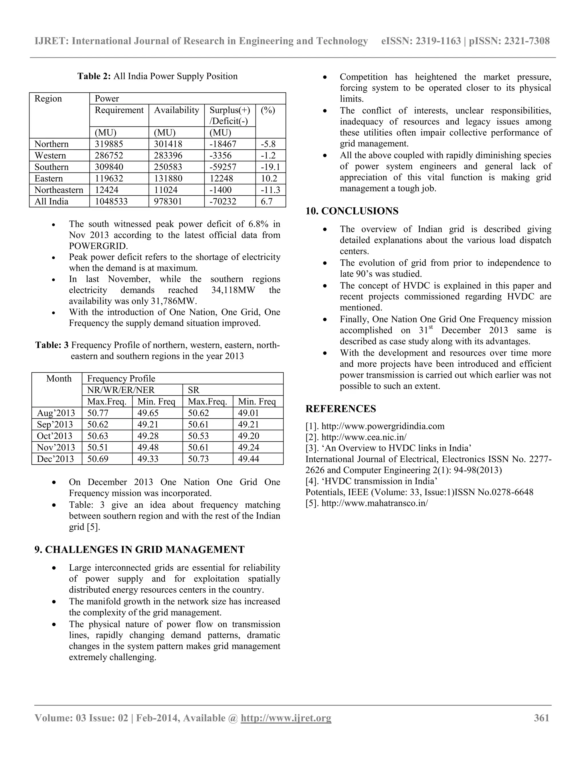 IJRET: International Journal of Research in Engineering and Technology eISSN: 2319-1163 | pISSN: 2321-7308
__________________________________________________________________________________________
Volume: 03 Issue: 02 | Feb-2014, Available @ http://www.ijret.org 361
Table 2: All India Power Supply Position
Region Power
Requirement Availability Surplus(+)
/Deficit(-)
(%)
(MU) (MU) (MU)
Northern 319885 301418 -18467 -5.8
Western 286752 283396 -3356 -1.2
Southern 309840 250583 -59257 -19.1
Eastern 119632 131880 12248 10.2
Northeastern 12424 11024 -1400 -11.3
All India 1048533 978301 -70232 6.7
 The south witnessed peak power deficit of 6.8% in
Nov 2013 according to the latest official data from
POWERGRID.
 Peak power deficit refers to the shortage of electricity
when the demand is at maximum.
 In last November, while the southern regions
electricity demands reached 34,118MW the
availability was only 31,786MW.
 With the introduction of One Nation, One Grid, One
Frequency the supply demand situation improved.
Table: 3 Frequency Profile of northern, western, eastern, north-
eastern and southern regions in the year 2013
Month Frequency Profile
NR/WR/ER/NER SR
Max.Freq. Min. Freq Max.Freq. Min. Freq
Aug’2013 50.77 49.65 50.62 49.01
Sep’2013 50.62 49.21 50.61 49.21
Oct’2013 50.63 49.28 50.53 49.20
Nov’2013 50.51 49.48 50.61 49.24
Dec’2013 50.69 49.33 50.73 49.44
 On December 2013 One Nation One Grid One
Frequency mission was incorporated.
 Table: 3 give an idea about frequency matching
between southern region and with the rest of the Indian
grid [5].
9. CHALLENGES IN GRID MANAGEMENT
 Large interconnected grids are essential for reliability
of power supply and for exploitation spatially
distributed energy resources centers in the country.
 The manifold growth in the network size has increased
the complexity of the grid management.
 The physical nature of power flow on transmission
lines, rapidly changing demand patterns, dramatic
changes in the system pattern makes grid management
extremely challenging.
 Competition has heightened the market pressure,
forcing system to be operated closer to its physical
limits.
 The conflict of interests, unclear responsibilities,
inadequacy of resources and legacy issues among
these utilities often impair collective performance of
grid management.
 All the above coupled with rapidly diminishing species
of power system engineers and general lack of
appreciation of this vital function is making grid
management a tough job.
10. CONCLUSIONS
 The overview of Indian grid is described giving
detailed explanations about the various load dispatch
centers.
 The evolution of grid from prior to independence to
late 90’s was studied.
 The concept of HVDC is explained in this paper and
recent projects commissioned regarding HVDC are
mentioned.
 Finally, One Nation One Grid One Frequency mission
accomplished on 31st
December 2013 same is
described as case study along with its advantages.
 With the development and resources over time more
and more projects have been introduced and efficient
power transmission is carried out which earlier was not
possible to such an extent.
REFERENCES
[1]. http://www.powergridindia.com
[2]. http://www.cea.nic.in/
[3]. ‘An Overview to HVDC links in India’
International Journal of Electrical, Electronics ISSN No. 2277-
2626 and Computer Engineering 2(1): 94-98(2013)
[4]. ‘HVDC transmission in India’
Potentials, IEEE (Volume: 33, Issue:1)ISSN No.0278-6648
[5]. http://www.mahatransco.in/
 