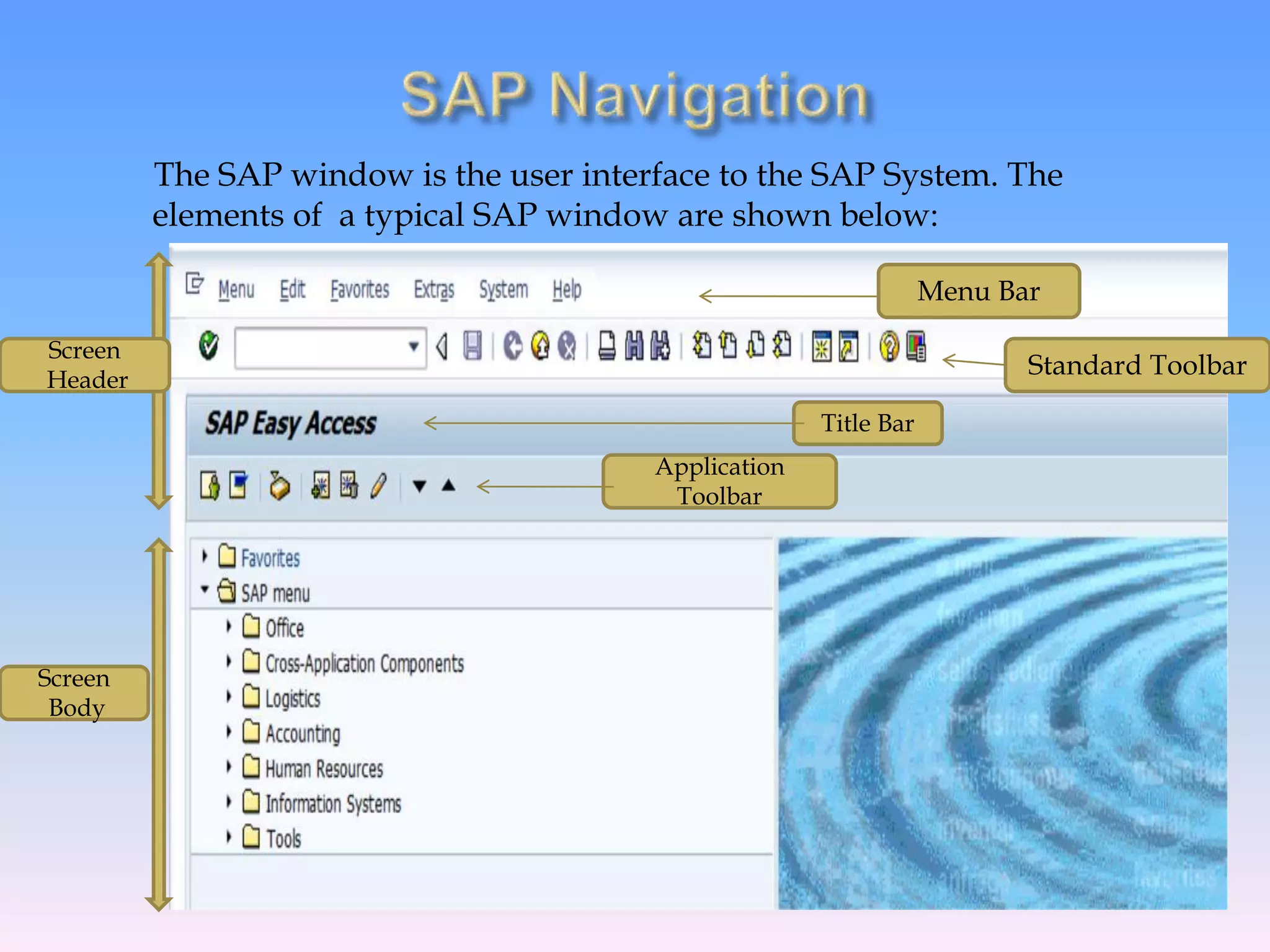The SAP window is the user interface to the SAP System. The
elements of a typical SAP window are shown below:
Application
Toolbar
Menu Bar
Standard Toolbar
Title Bar
Screen
Header
Screen
Body
 