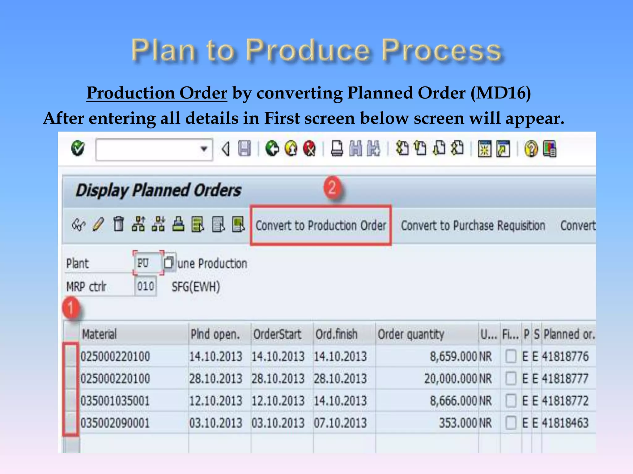 Production Order by converting Planned Order (MD16)
After entering all details in First screen below screen will appear.
 