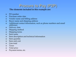 The elements included in this example are:
 PO number
 Purchase order date
 Vendor name and billing address
 Buyer name and shipping address
 Additional contact information, such as phone numbers and email
addresses
 Delivery date
 Shipping method
 Shipping terms
 Item name
 Item description and technical information
 Item quantity
 Item unit cost
 Line total
 Taxes
 Total price
 Payment terms, etc.
 