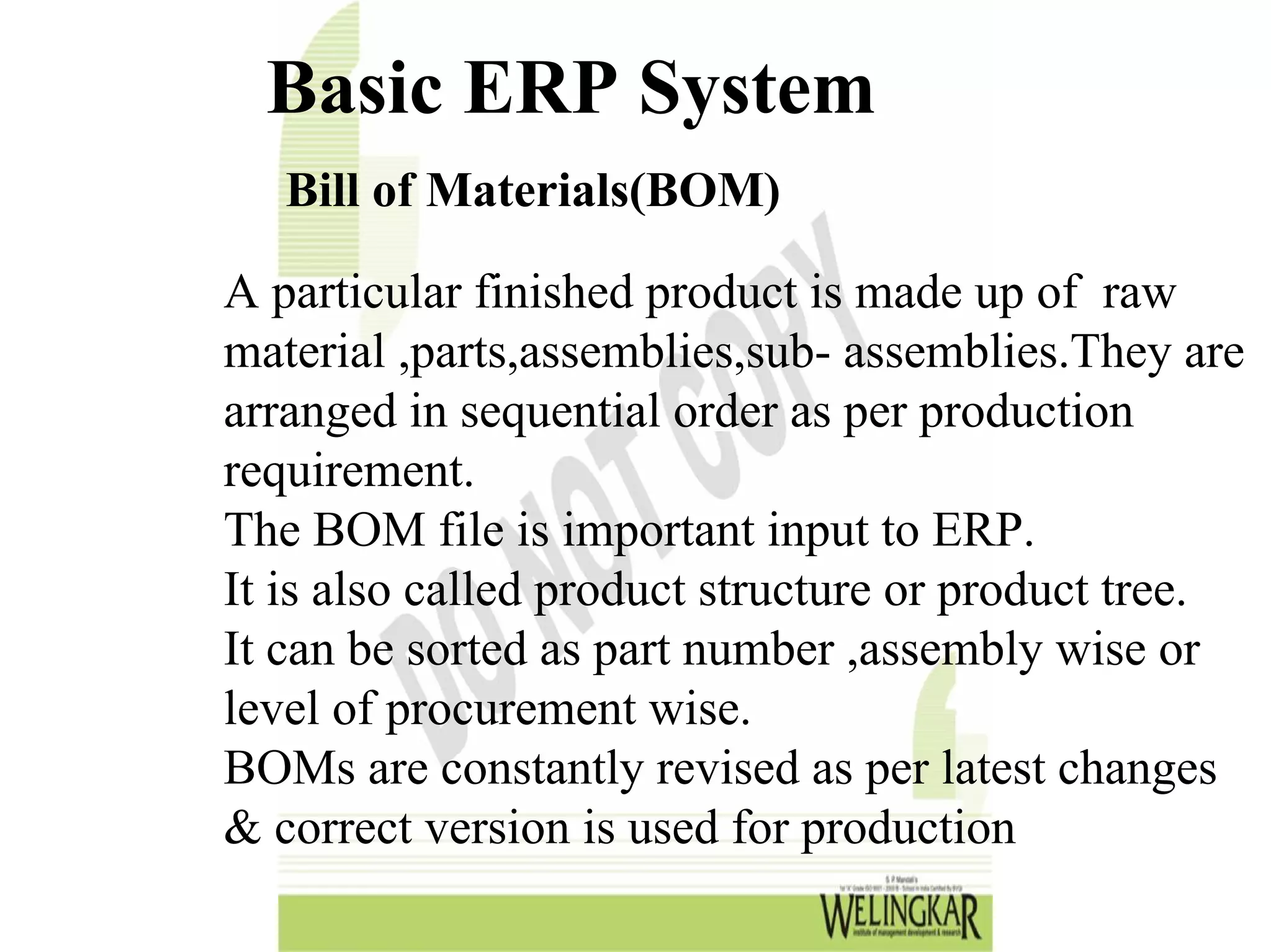 Basic ERP System
   Bill of Materials(BOM)

A particular finished product is made up of raw
material ,parts,assemblies,sub- assemblies.They are
arranged in sequential order as per production
requirement.
The BOM file is important input to ERP.
It is also called product structure or product tree.
It can be sorted as part number ,assembly wise or
level of procurement wise.
BOMs are constantly revised as per latest changes
& correct version is used for production
 